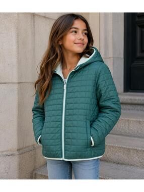 Cat & Jack Girls Quilted Hooded Puffer Jacket Green XL Fleece Lined‎
